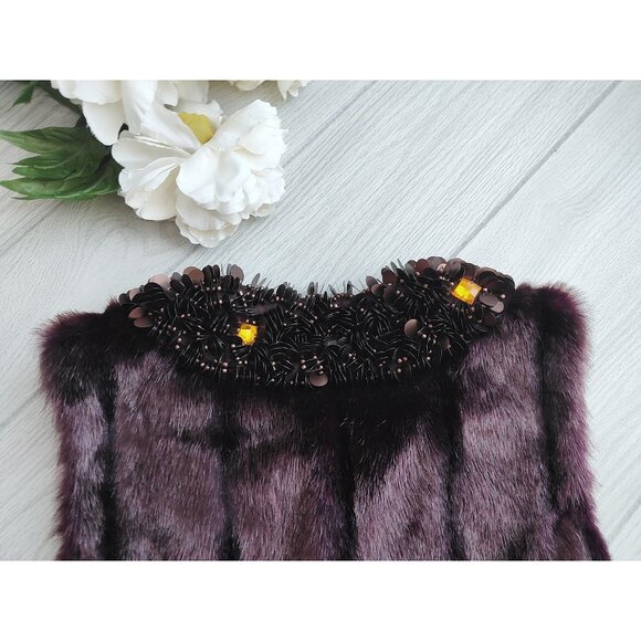 Fabulous Fur Vest Vegan Brown Plum Beaded Embellished Neck S Donna Salyers - Picture 7 of 9